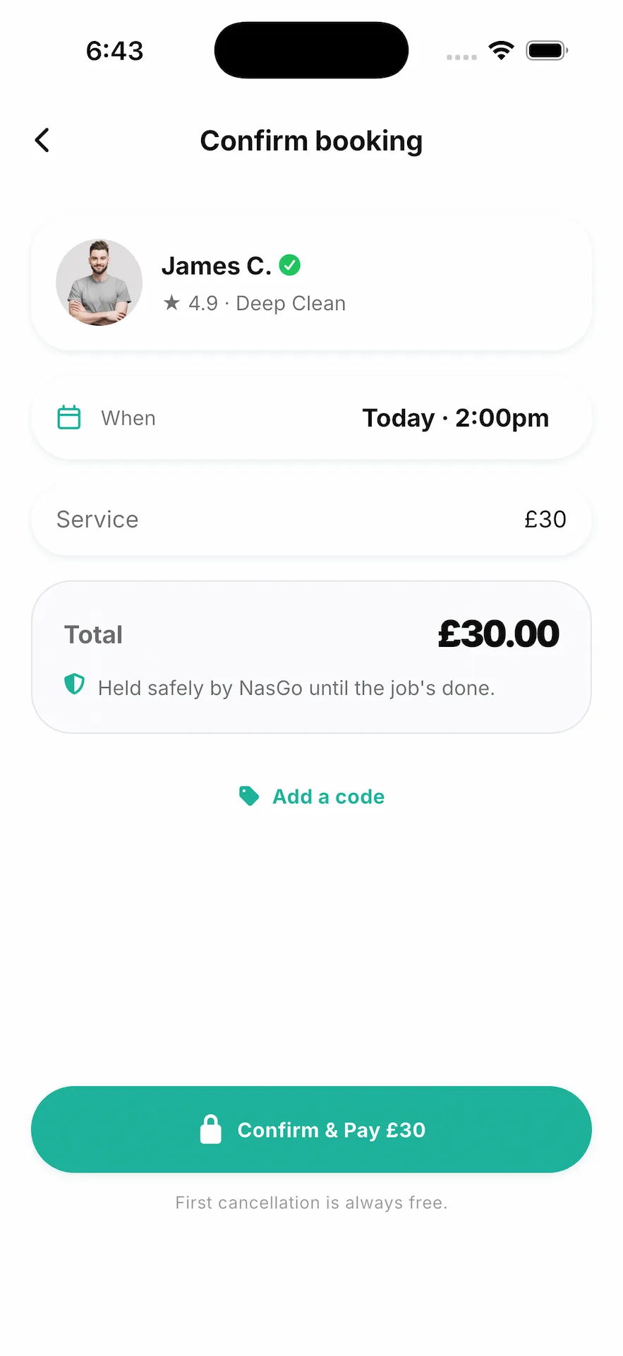 NasGo app confirm booking screen with a vetted pro, booking time, total held safely by NasGo, and a Confirm & Pay button