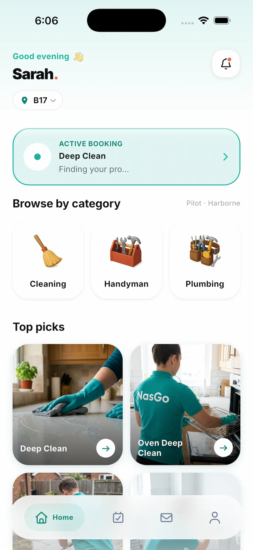 NasGo app home screen: an active Deep Clean booking finding a pro, plus categories for Cleaning, Handyman and Plumbing