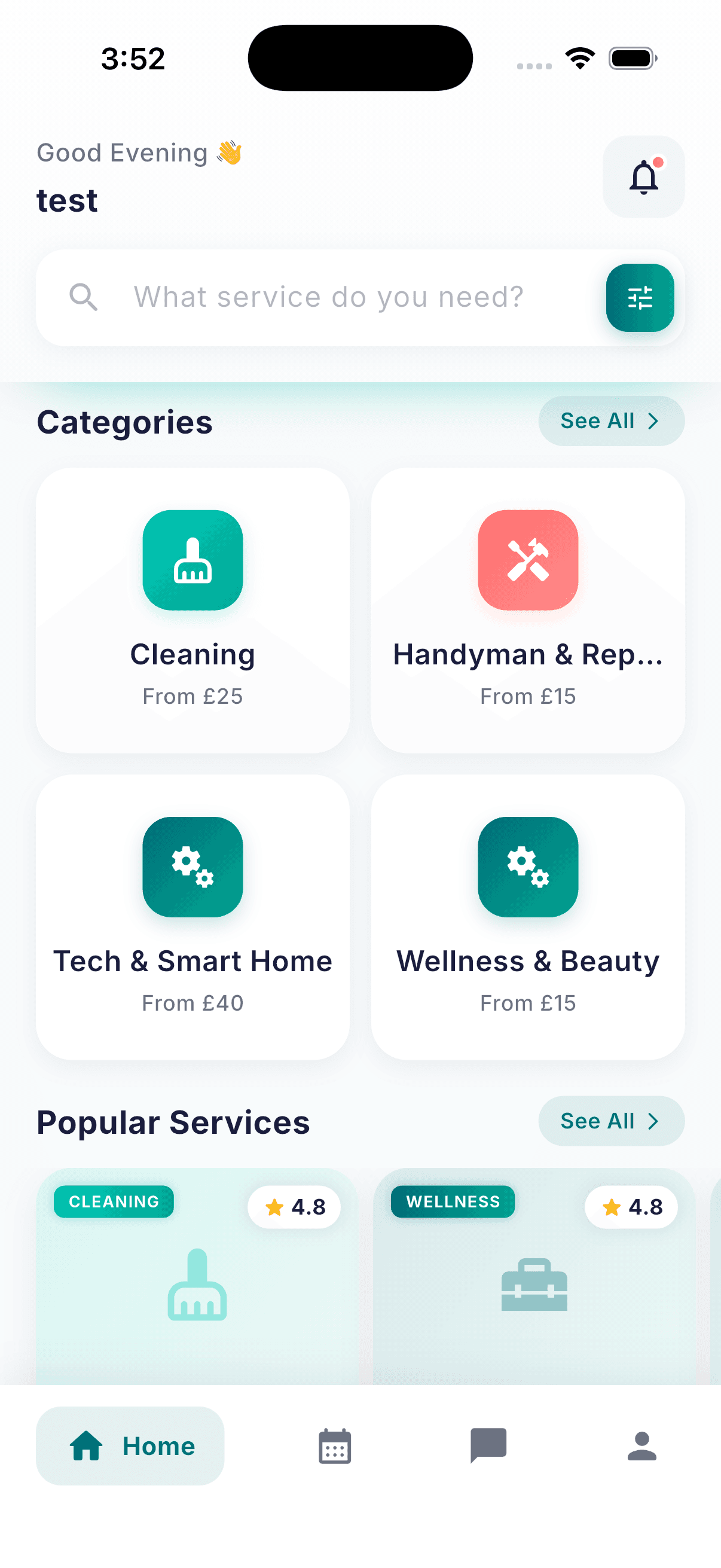 The NasGo customer app home screen