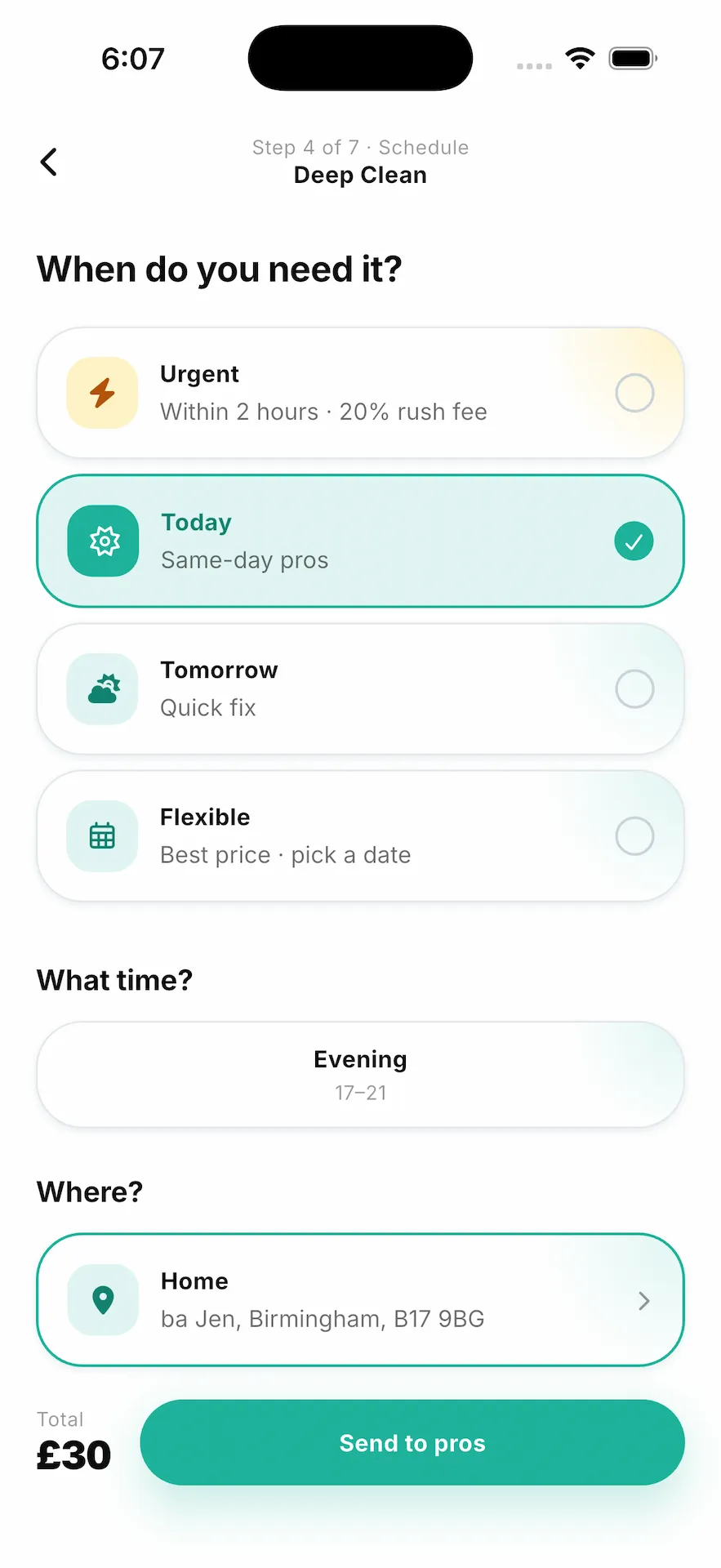 NasGo app schedule screen showing urgent, today, tomorrow and flexible timing options plus time of day and address