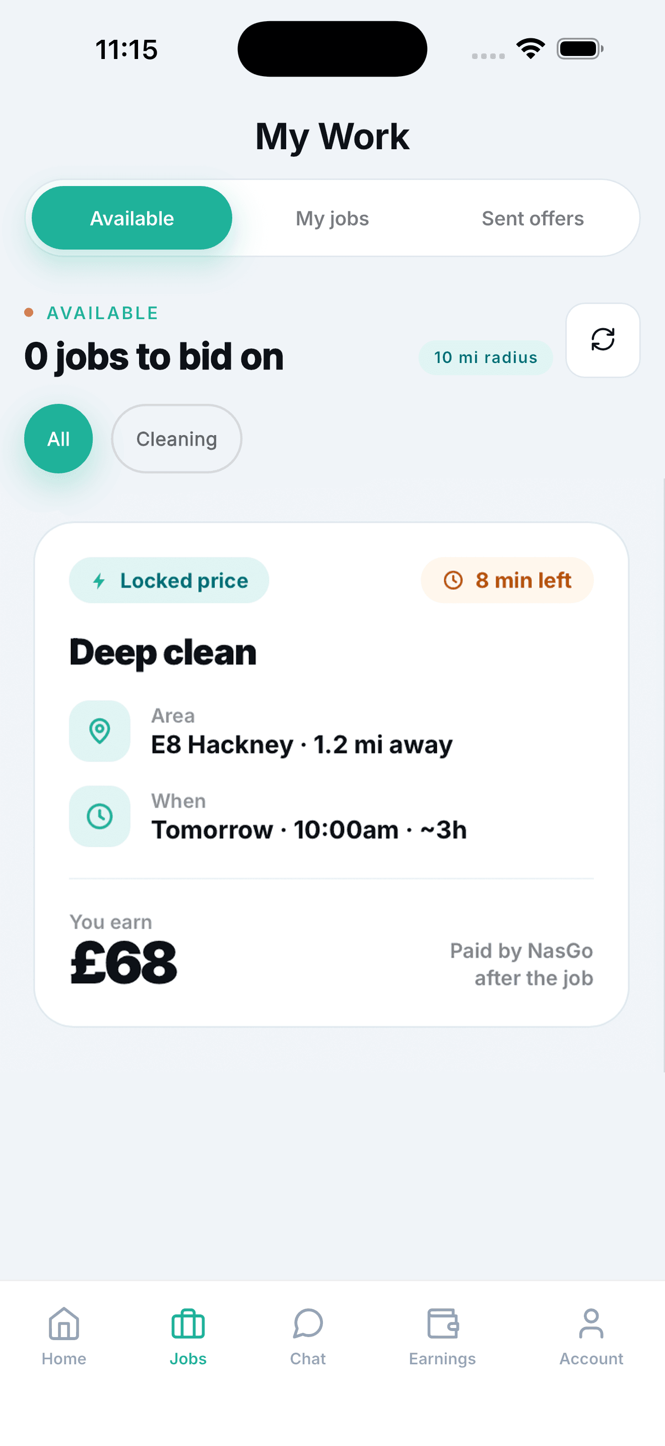 NasGo Pro app available jobs screen: a Deep clean job to bid on in E8 Hackney, with the locked price you'll earn shown up front