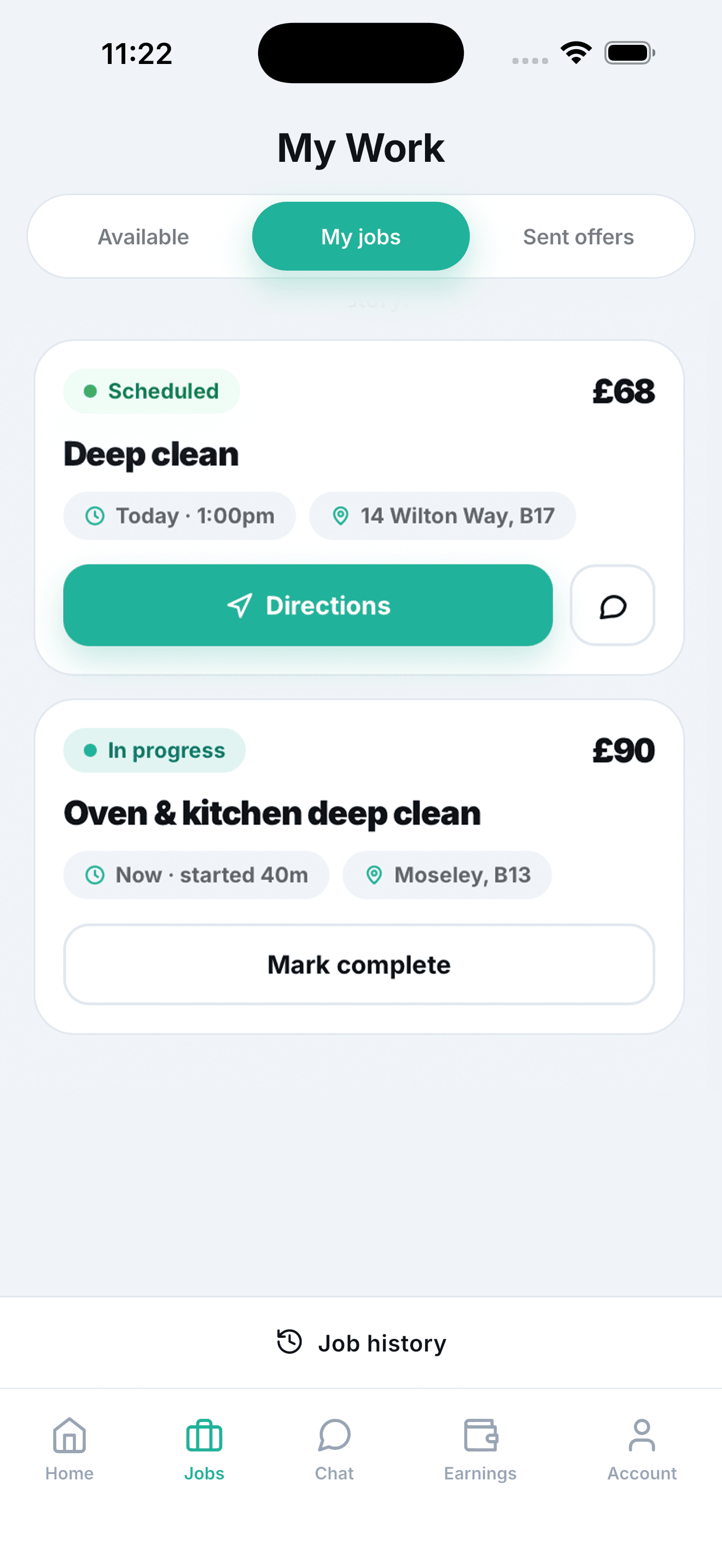 NasGo Pro app my jobs screen: a scheduled Deep clean booking with directions, and an in-progress oven and kitchen deep clean